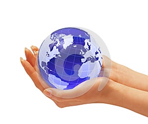 Womans hands holding the Earth globe.