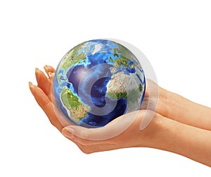 Womans hands holding the Earth globe.