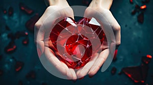 Womans hands are holding a red broken glass heart. A shattered heart symbolizing heartbreak, broken relationship and