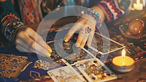 Womans Hands Holding Tarot Card and Candle