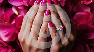 Womans hands knuckles up with wedding ring and bright pink nail polish on mid length fingernails resting on flower petal. AI photo