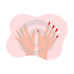 Womans hands with old and new red manicure over pink color and white background