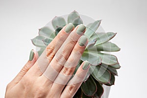 Womans hands with summer nail. Fresh green manicure