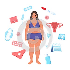 Womans health concept. Menstruation, period, female uterus, reproductive system. Woman, pregnancy test, tampon, calendar, womb,