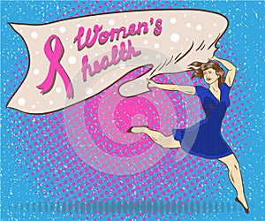 Womans health concept poster in comic pop art style. Woman holds banner with breast cancer pink ribbon symbol