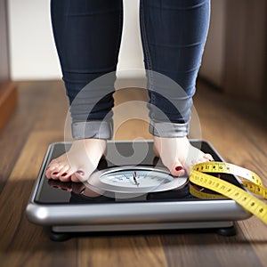 womans legs on scale with tape measure - weight loss