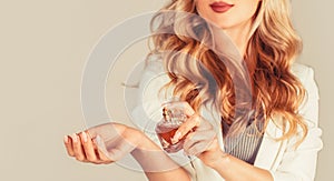 Womans with perfum bottle. Woman with bottle of perfume photo