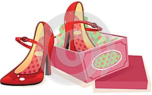 Womans red shoes and shoebox