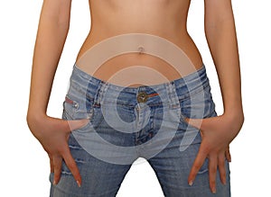 Womans thumbs hooked in jeans pocket