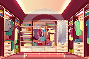 Womans walk-in closet interior cartoon vector photo
