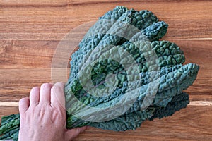 Womanâ€™s hand holding a bunch of dark green, crinkly, Lacinato Kale leaves, on a wood cutting board