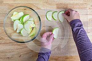 Womanâ€™s hands taking granny smith apple slices out of a glass bowl and laying them out on a mesh tray for dehydrating