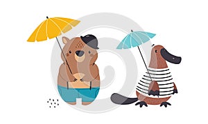 Wombat in Hat and Platypus in Striped Vest with Umbrella as Australian Animal Vector Set