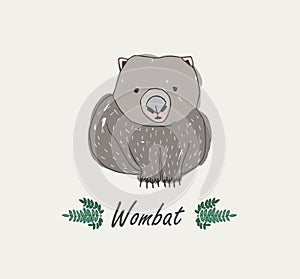 Wombat isolated on white background. Hand drawn portrait of adorable wild herbivorous marsupial animal. Exotic species