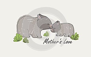 Wombat with its baby isolated on white background. Family of cute wild animals and mother`s love handwritten text