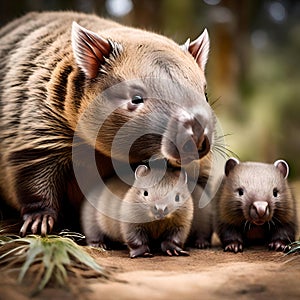 Wombat mum with her cute babies - ai generated image