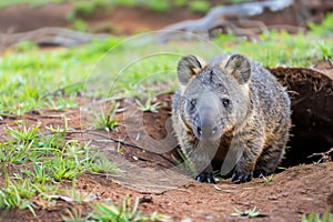 wombat near a burrow in an australian bush