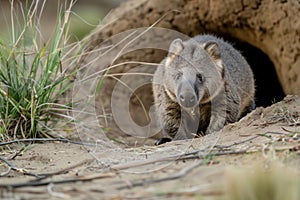 wombat near a burrow in an australian bush