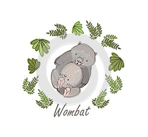 Wombat surrounded by plants isolated on white background. Hand drawn portrait of amusing wild marsupial herbivorous