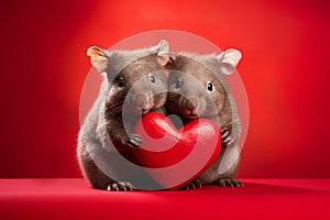 Wombats holding large red heart in front of studio background