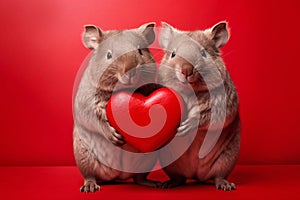 Wombats holding red heart in front of studio background