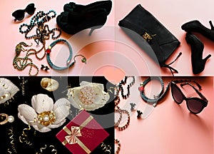 Women accessories black shoes sunglasses jewelry perfume  bag white pearl on pink background set