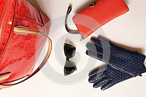 Women Accessories l Leather gloves sunglasses red purse fashion Spring Autumn Womens Accessories clothes concept