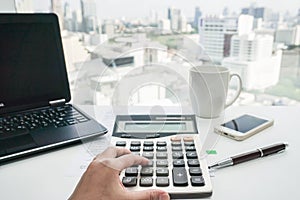 Women accountant use calculate