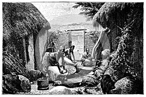 Women From Accra Milling Rice. Ghana Today. History and Culture of West Africa. Antique Vintage Illustration. 19th