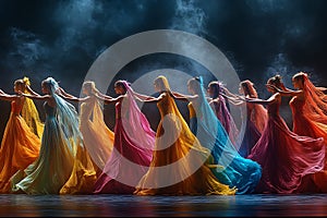 Line of fairskinned women with colorful gowns touch each other in the fog