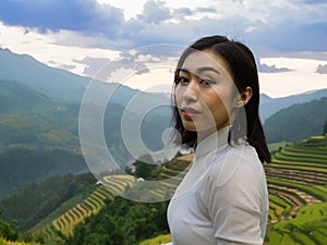 Women in ao dai at rice terrece north Vietnam