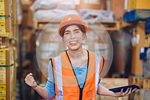 Women Asian worker working in factory warehouse store inventory management team happy smile