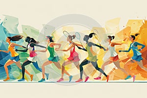 Women athletes run with badminton rackets. Geometric pattern. Olympic Games