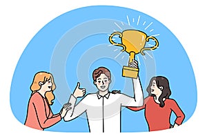 Women attracted to successful man with trophy in hands