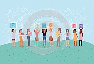 Women avatars holding empowering text banners vector design