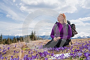 Women with backpacks enjoying saffron blooming at early spring