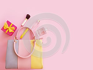 Women bag, cosmetics on a colored background