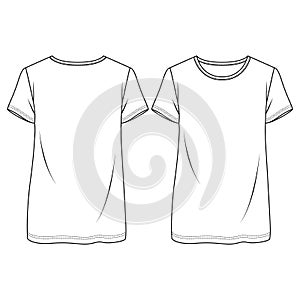 Women Baggy Fit short sleeves t-shirt fashion flat sketch template. Girls Tunic Length Tee Technical Fashion Illustration