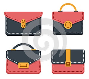 Women bags and clutches set. Feminine handbag or flap clutch. Modern trendy accessories, textile or leather handbags