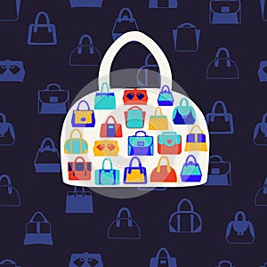 Women bags and handbags. Fashion Pattern on dark blue backgrou