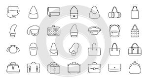 Women bags illustration including icons - purse, handbag, fashion clutch, business briefcase, backpack, leather suitcase