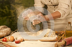Women baker hands mixing,recipe kneading butter, tomato preparation dough and making bread