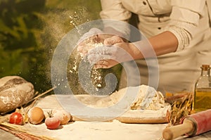 Women baker hands mixing,recipe kneading preparation dough and making bread