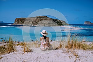 Women at Balos Beach Crete Greece, Balos beach is on of the most beautiful beaches in Greece