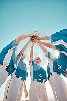 Women baseball, team trophy and winning celebration for success in sports, championship or competition achievement