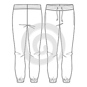 Women Basic Sweat, lounge Pants. Flat fashion sketch template. Technical Fashion Illustration. Front Drawcord. Side Pockets