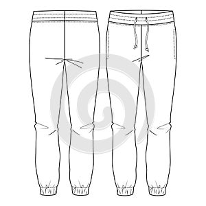 Women Basic Sweat, lounge Pants. Flat fashion sketch template. Technical Fashion Illustration. Front Drawcord. Side Pockets photo