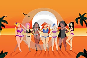 Women on the beach. Vector cartoon illustration. Plus size models in fashion bikini swimsuits. Body positive concept