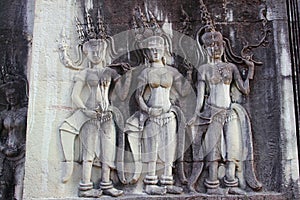 Women beautiful sculptures details, Angkor Wat, Cambodia