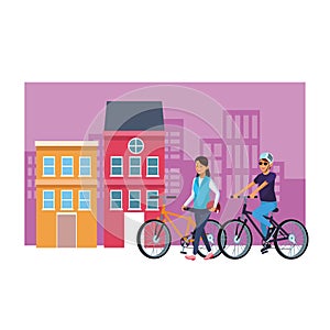 Women in bicicles cityscape